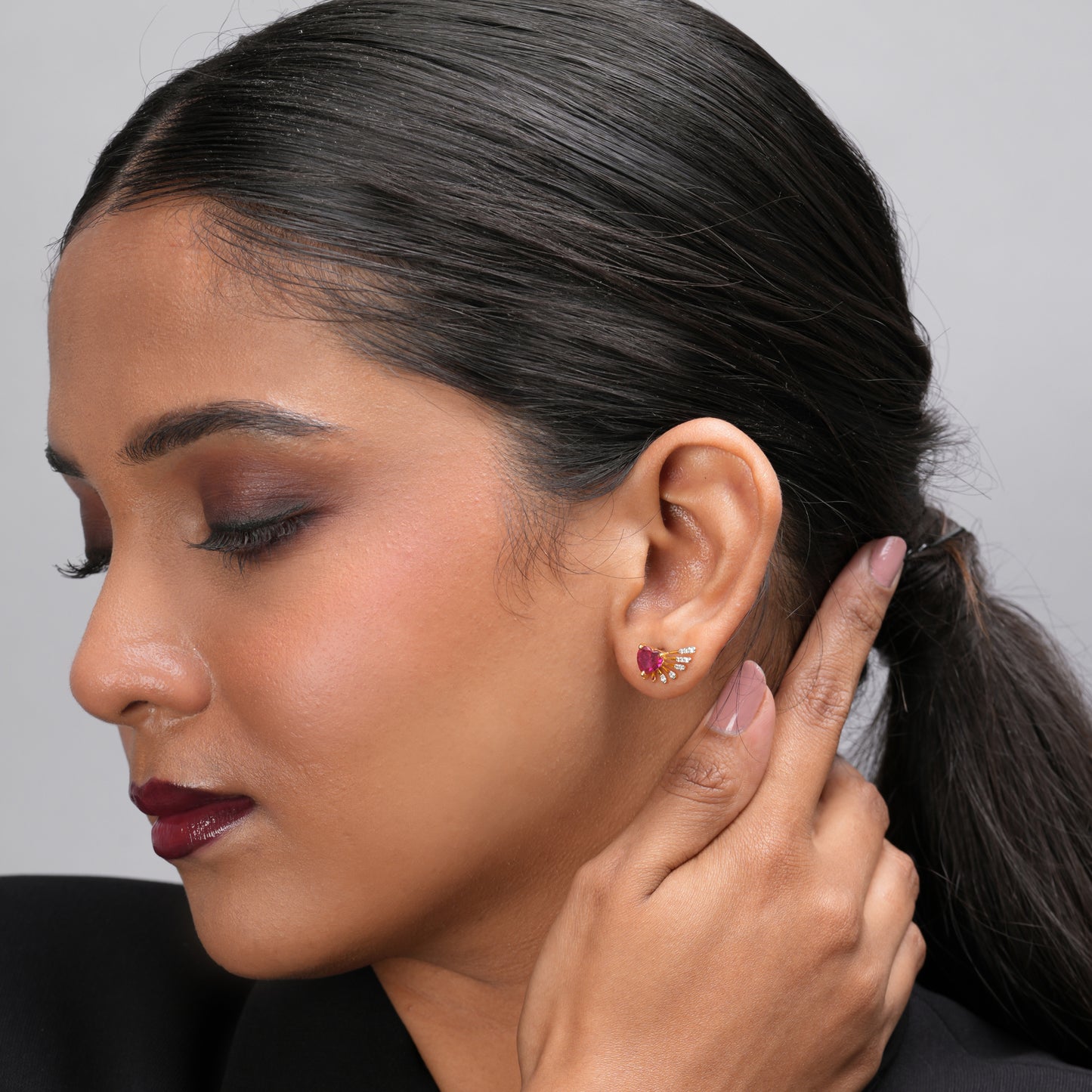 Wing Style Ruby Heart Earring | 925 Sterling Silver | 18k Gold Plated