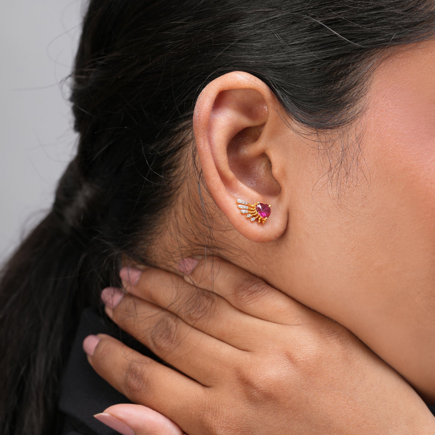 Wing Style Ruby Heart Earring | 925 Sterling Silver | 18k Gold Plated