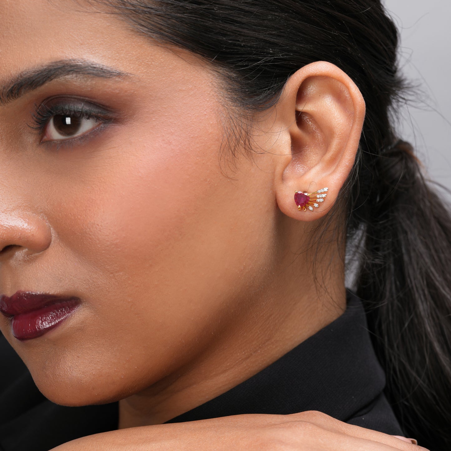 Wing Style Ruby Heart Earring | 925 Sterling Silver | 18k Gold Plated