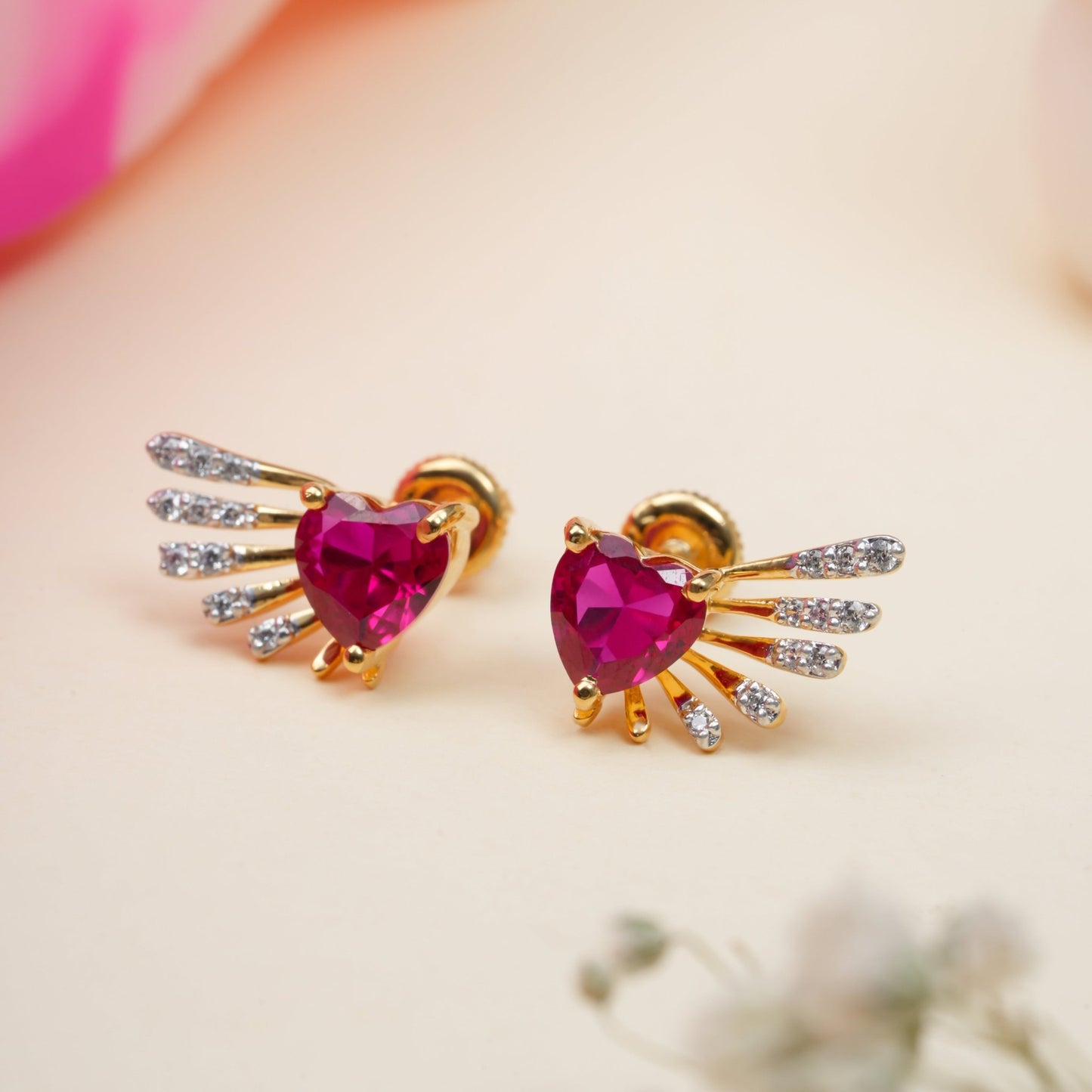 Wing Style Ruby Heart Earring | 925 Sterling Silver | 18k Gold Plated - orebella - store
